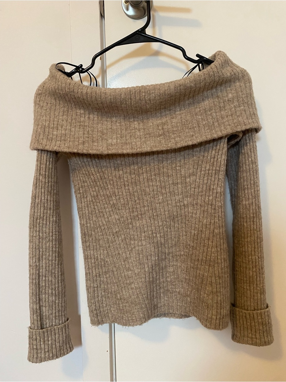 H&M Beige Ribbed Off-the-Shoulder Foldover Sweater
